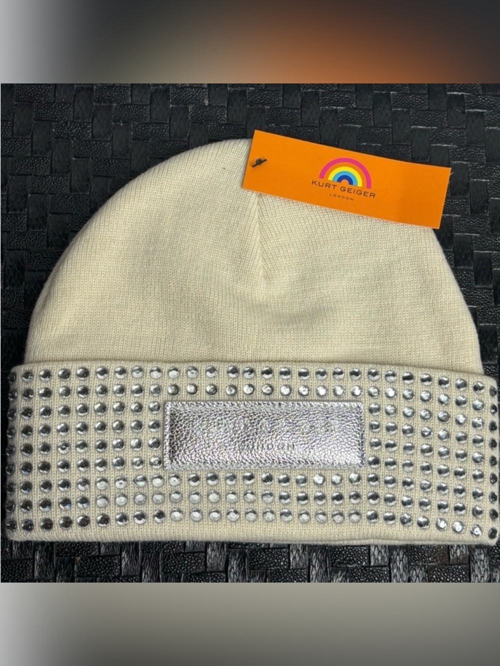 Kurt Geiger London Crystal Embellished Cuffed Beanie Knit Hat NWT